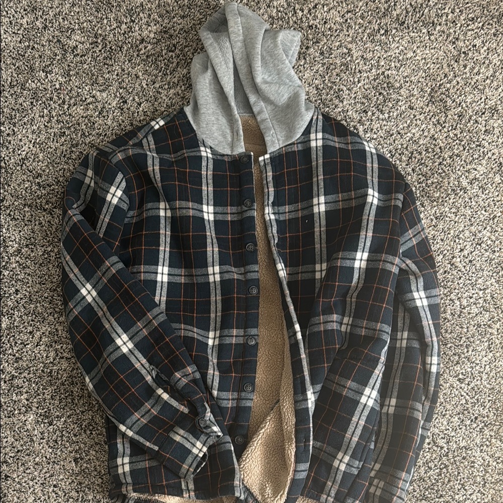 Plaid Flannel Hooded Jacket with Sherpa Lining